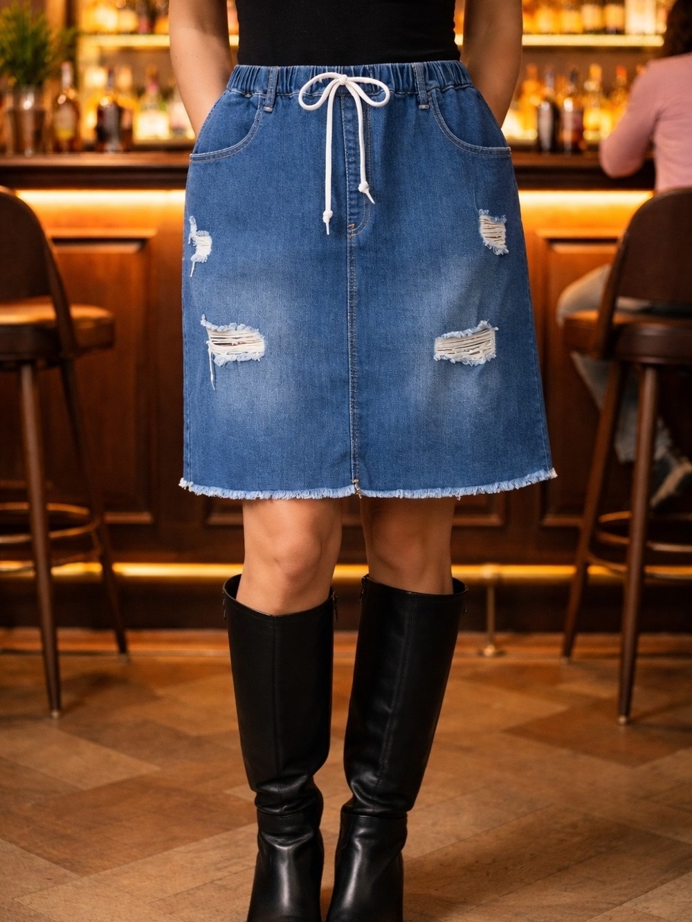 Blue Denim Skirt Distressed Drawstring Waist
